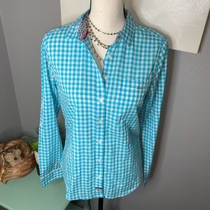 US POLO ASSN medium blue white daisy checkered top